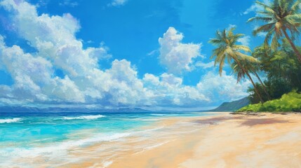 Tranquil beach scene with palm trees, blue sky, and white fluffy clouds.