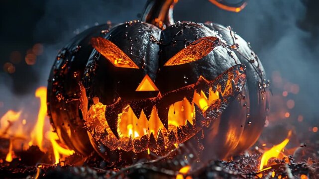 Jack-o-lantern scary spooky Halloween scene. Fire burning. Halloween pumpkin patch in the moonlight. Jack O Lantern party. Horizontal banner, Halloween night decorative with bat and moon background 31