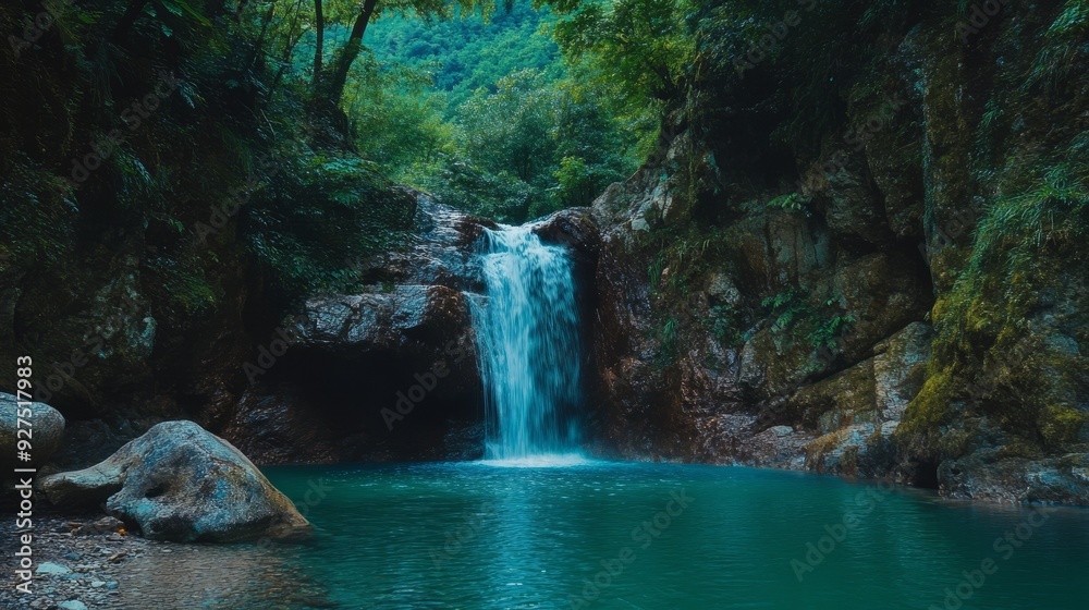 Canvas Prints Tranquil waterfall cascading into a pristine blue pool surrounded by lush greenery.