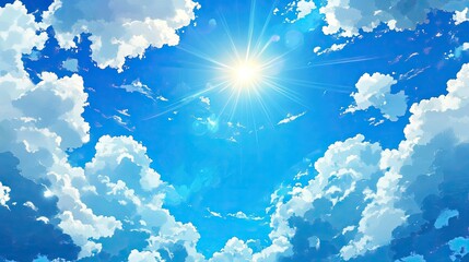 Anime-inspired blue sky with bright white clouds and a dazzling sun. Ideal for spring season designs and adding a touch of warmth to outdoor visuals.