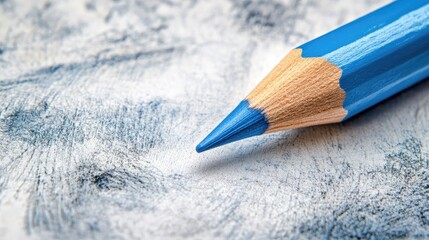 Artistic blue wooden pencil drawing delicate line strokes on a white-gray surface. Represents back-to-school, art, and professional creativity in education.