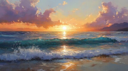 Obraz premium Artistic depiction of a summer sunrise with bright warm hues over the calm sea. Gentle waves and the early morning light highlight the beauty and tranquility of the seascape.