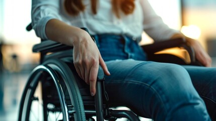 Obraz premium A close-up of a hand resting on a wheelchair. This image captures the essence of mobility and independence. It is a touching reminder of strength and resilience. Soft lighting adds warmth. AI