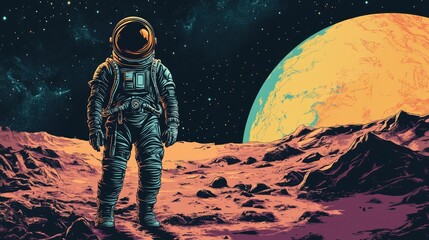 Obraz premium Astronaut on the surface of a distant planet, with a dramatic cosmic background and intricate space suit. Vector art capturing the excitement of space exploration.