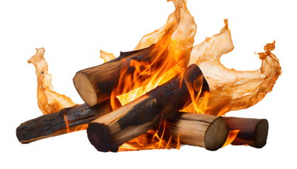 burning fire logs Splashes on a white isolated background. Generative AI.
