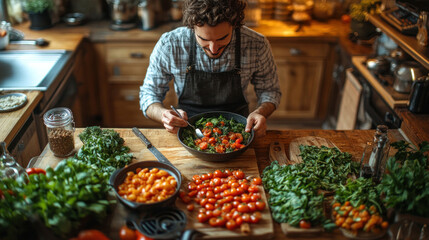 Obraz premium A freelancer enjoying a healthy meal while working from a kitchen table.