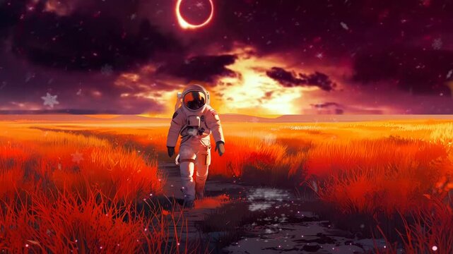Surreal scene of an astronaut standing on a burning grassland, dramatic and intense Seamless looping 4k time-lapse virtual video animation background