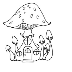 Cute mushroom house Doodle Outline hand drawing