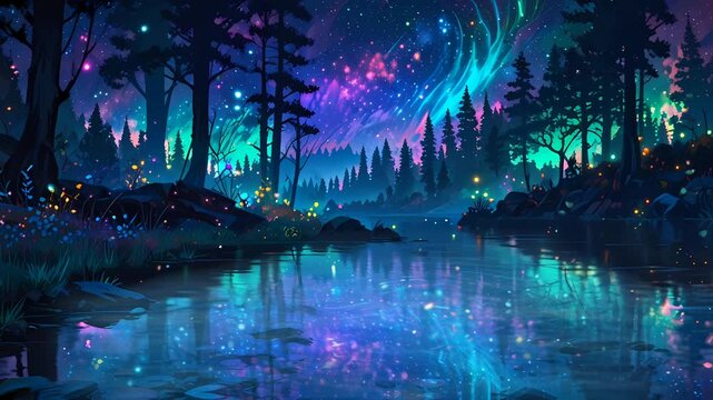 A mystical forest aglow with ethereal light, where vibrant flora and fauna dance in the enchant Seamless looping 4k time-lapse virtual video animation background