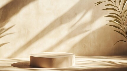 Brown podium display with gentle light and organic leaf shadows. Minimalist design ideal for product showcases, branding, and packaging presentations.