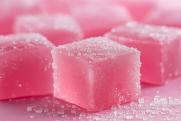 Close-up of several pink jelly cubes, each generously sprinkled with sugar, highlighting their texture and color.