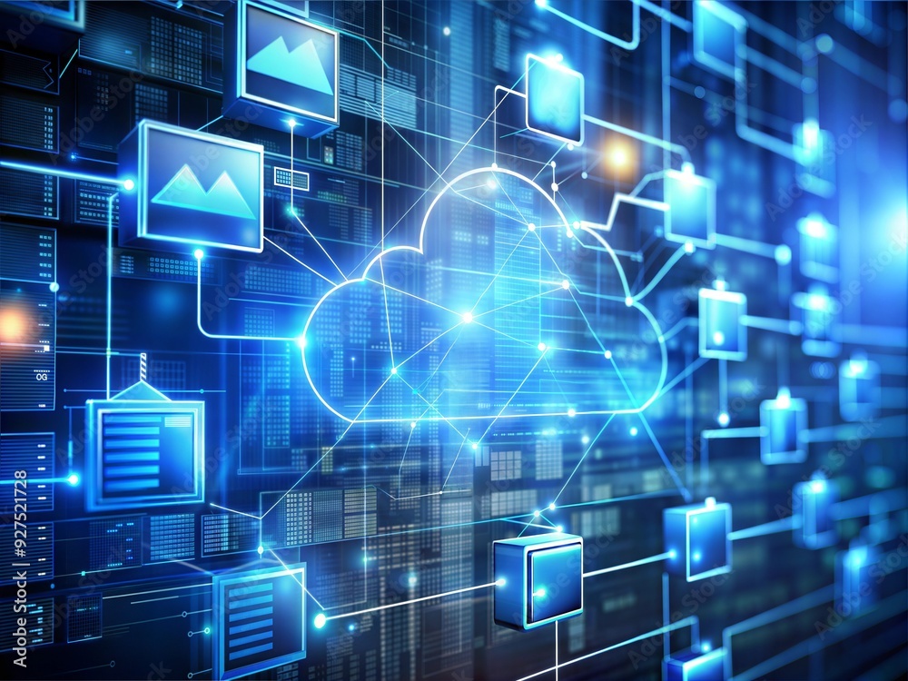 Poster cloud computing network: a glowing cloud computing network with connected documents and data, symbol