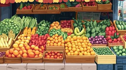 A lively vector illustration of a market stall, filled with an abundance of fresh fruits and vegetables, set in a bustling environment.