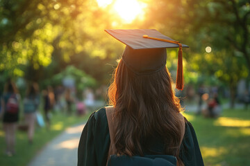 Graduate student is standing with classmates at her university graduation ceremony, wearing a cap and gown. The graduate is celebrating her academic achievement with her fellow students