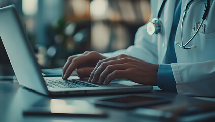 A doctor typing on a laptop, focusing on medical records in a professional office environment with modern technology.