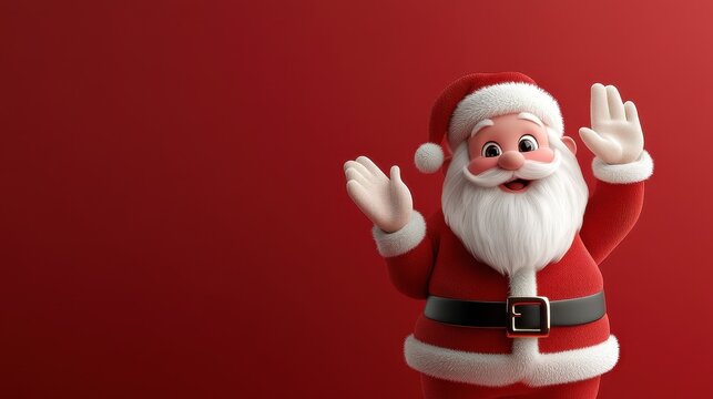 Jolly 3D cartoon Santa Claus waving cheerfully, festive red background