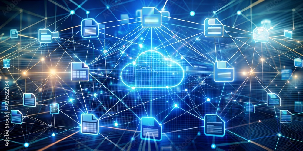 Poster cloud computing network: a glowing cloud computing network with connected documents and data, symbol