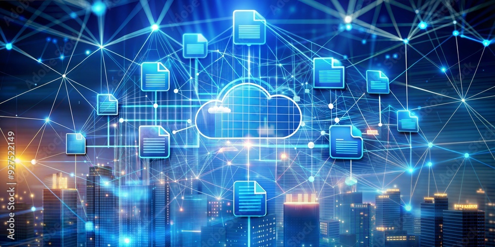 Poster cloud computing network: a glowing cloud computing network with connected documents and data, symbol