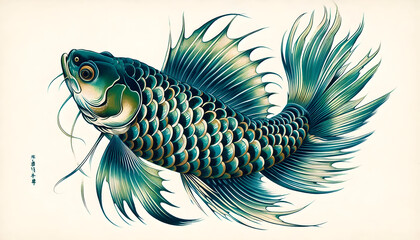 Fish koi Japanese ukiyo-e style,