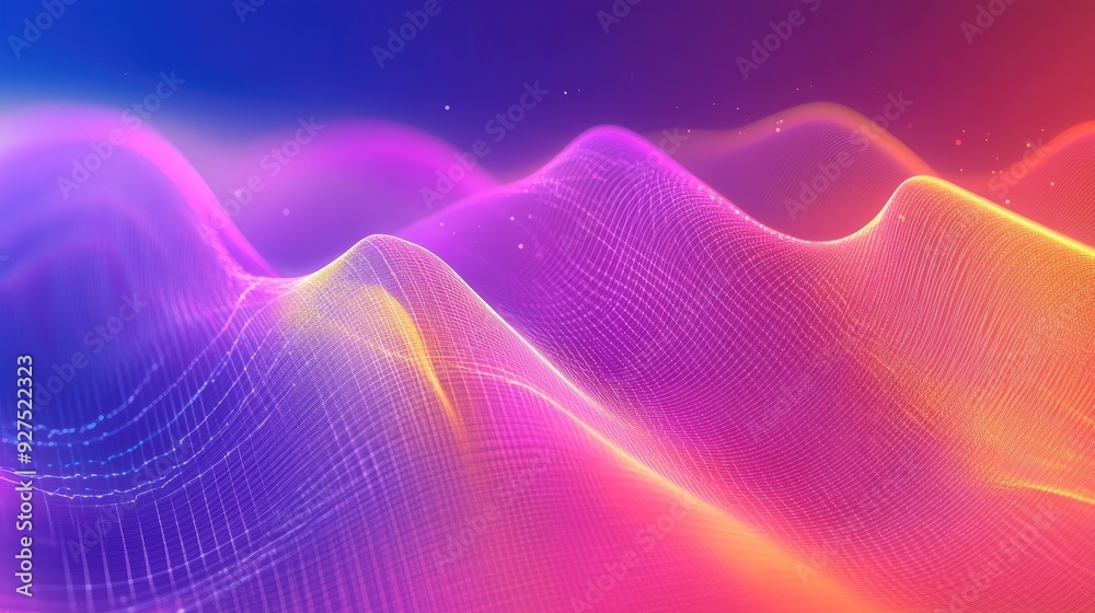 Poster Colorful speaking sound wave lines in a rainbow gradient motion, creating an abstract background. Perfect for illustrating audio dynamics and vibrant tech designs.