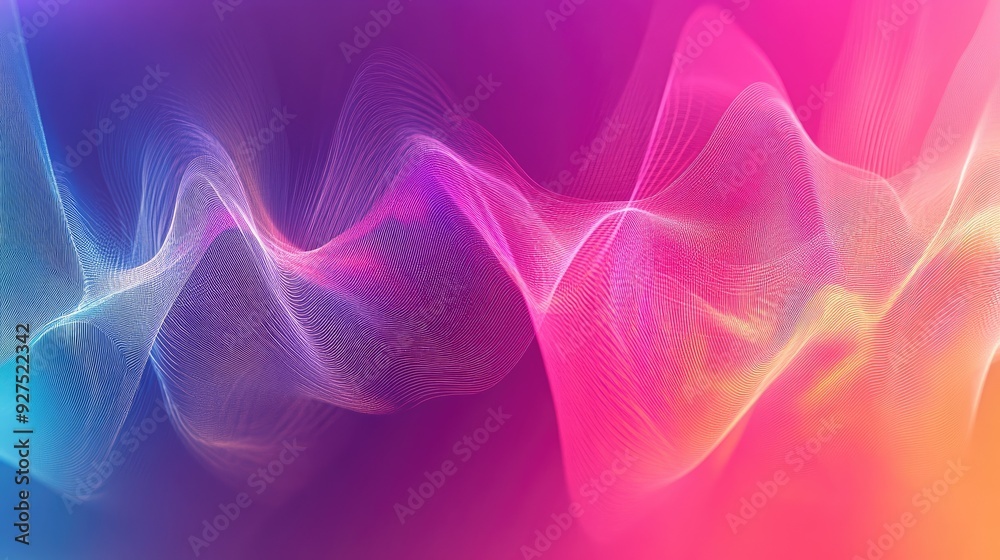 Poster Colorful speaking sound wave lines in a rainbow gradient motion, creating an abstract background. Perfect for illustrating audio dynamics and vibrant tech designs.