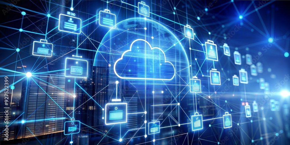Poster cloud computing network: a glowing cloud computing network with connected documents and data, symbol