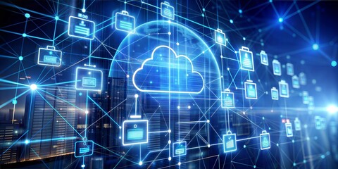 Cloud Computing Network: A glowing cloud computing network with connected documents and data, symbolizing the interconnectedness and accessibility of information in the digital age.