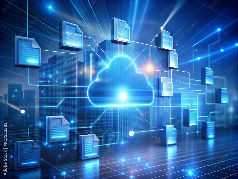Poster cloud computing network: a glowing cloud computing network with connected documents and data, symbol