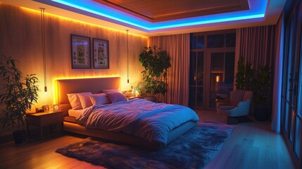 Bedroom with LED lighting and energy-efficient insulation, reducing overall energy consumption