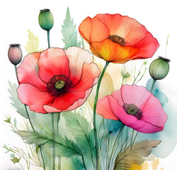 watercolor, simple clean line art, poppy flowers, white background, pink green yellow and red color palette