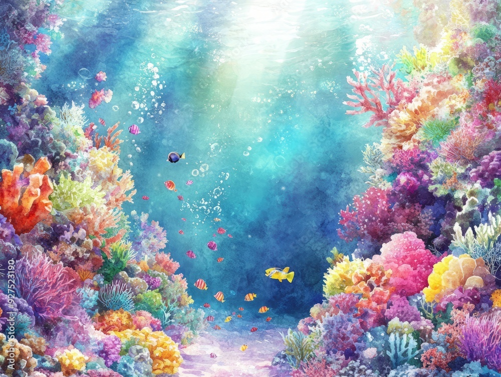 Wall mural Vibrant coral reef with colorful fish swimming in turquoise water.