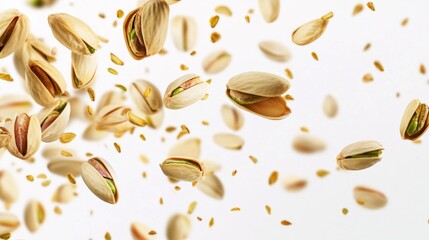 Flying in air fresh raw whole and cracked pistachios isolated on white background. Falling pistachio