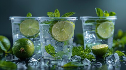 Fototapeta premium Mojito cocktail. Refreshing mojito cocktail with lime, lemon and mint in a tall glass. 