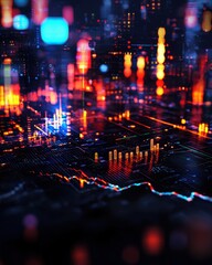 Fototapeta premium Vivid digital data visualization displaying vibrant colors and dynamic graphs, illustrating technology and finance concepts.