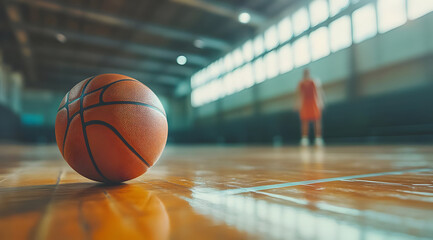 Close-up of a basketball on the court with a blurred player in the background, capturing the essence of the game.