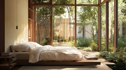 Fototapeta premium Bedroom with energy-efficient windows and sustainable materials, emphasizing clean energy