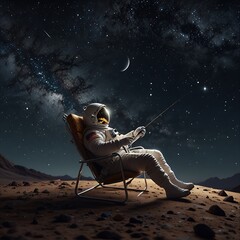 Naklejka premium A highly realistic 8K depiction of an astronaut lounging on a crescent moon, fishing stars from the cosmos with a shimmering celestial line