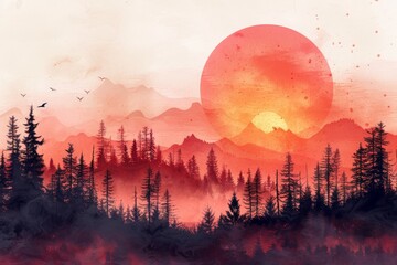 Sunset over in the jungle over the mountains.