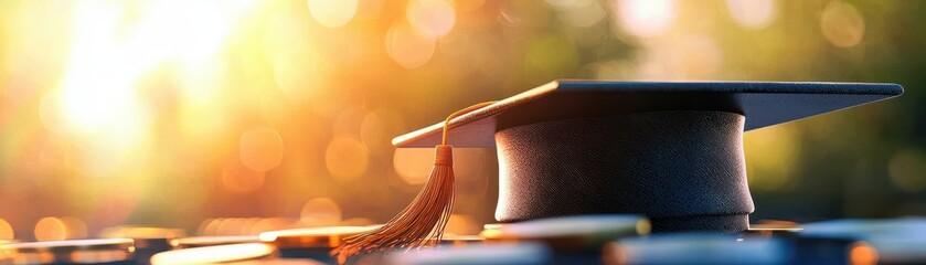 A close-up of a graduation cap on a stack of books, symbolizing academic achievement and celebration in warm sunlight.