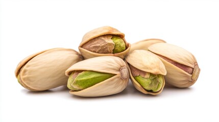 Pistachios isolated on a white background. Pile of pistachio nuts closeup