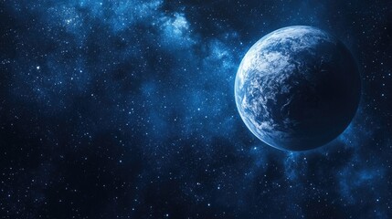 Obraz premium Earth seen from space with a serene moon and starry night sky in rich blue tones. Captures the tranquil beauty of our planet amidst a vast cosmic backdrop.