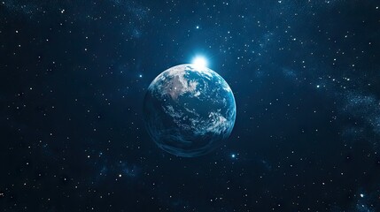 Obraz premium Earth visible against a dark blue night sky with a bright moon and scattered stars. A digital 3D rendering showcasing the serene beauty of our planet and its celestial companions.