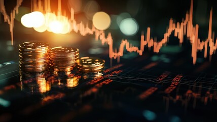 A close-up of stacked coins and financial graphs, representing growth and investment in the world of finance.