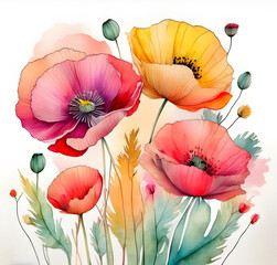 Fototapeta premium watercolor, simple clean line art, poppy flowers, white background, pink green yellow and red color palette