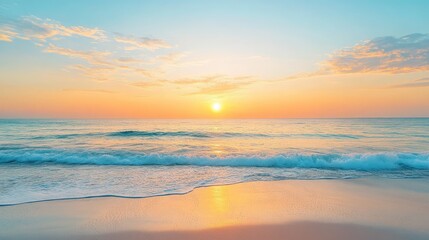 Fototapeta premium Elegant beach sunset with a gradient sky shifting from golden yellow to soft blue. The calm waves and distant horizon enhance the peaceful atmosphere of a seaside sunset.