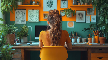 A freelancer working from home, surrounded by creative tools and decor.