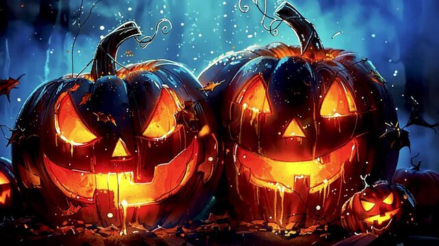 Jack-o-lantern scary spooky Halloween scene. Fire burning. Halloween pumpkin patch in the moonlight. Jack O Lantern party. Horizontal banner, Halloween night decorative with bat and moon background 31