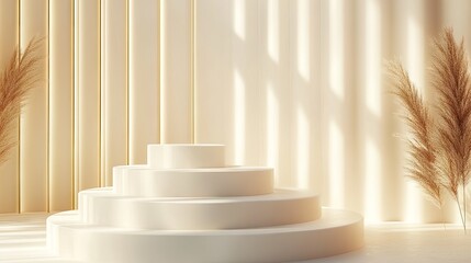 Elegant multi-tiered cream podium with gold lines on the back. Ideal for high-end cosmetic product display. 3D rendering with a sophisticated design for a luxurious presentation.