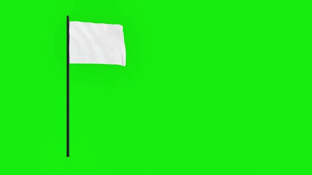 3D animation of a white flag waving smoothly on a solid green screen background. Ideal for use in visual effects, motion graphics, or symbolic content creation in various projects.