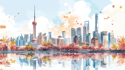 Fotobehang Aquarelschilderij wolkenkrabber Watercolor painting of a cityscape with tall buildings reflected in the water, surrounded by trees in autumn colors.  © kinara art design